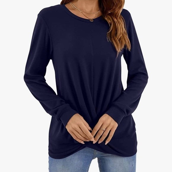 ⭐️nwt YSYOKOW Long Sleeve Casual Crew Neck Loose Fit Front Twist Knot Blouse⭐️ - Picture 3 of 10